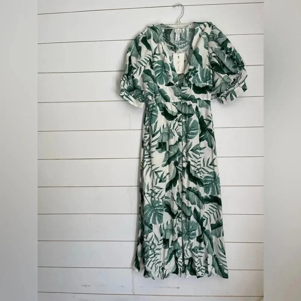 H&M x Johanna Ortiz Green White Linen Leaf Dress - Picture 9 of 11